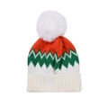 Detail of red and green knitted winter beanie with a white faux fur pompom and ribbed cuff - Red-Child