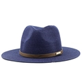 Elegant wide brim straw fedora hat in navy blue with stylish leather band and buckle - Navy Blue