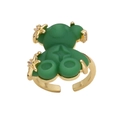 Adjustable gold plated open ring featuring a matte green bear with zircon star details - Green