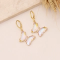 Detail of 18K gold butterfly hoop earrings with iridescent aurora crystal and zircon stones - White