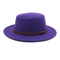 Close-up of a purple wool felt boater hat featuring a brown embossed leather strap detail - M (56-58cm) / Purple