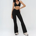 Women's black yoga set with V-neck sports bra and high-waisted flared leggings with pockets - S / Sports Bra & Flared Pants (Top And Bottom) / Premium Black