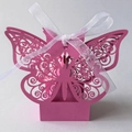 Macro detail of pink laser-cut butterfly candy box with white organza ribbon bow - Rose Red with Ivory Ribbon