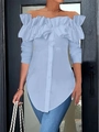 Detail of light blue off-shoulder shirt with ruffled layers and single-breasted front buttons - S / Blue