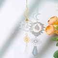 Golden moon and sun metal wall hanging with crystal prisms reflecting rainbow light - Moon and Sun Combination / Gold