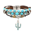 Detail of layered brown leather bracelet with turquoise beads and silver cactus charm - 08-Cactus