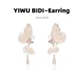Detail of silver wire butterfly earrings with pink crystals and teardrop pendant charm - Silver Brushed Pink Gem Butterfly Style (20#)
