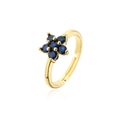 Detailed shot of flower ring with gold plating and six deep blue round zircons - Adjustable Open / Dark Blue