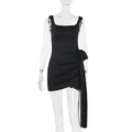 Detail of square neck black mini dress with side ruching and long streamer accents - S / Black
