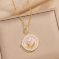 Collana tulipano dorata con smalto rosa e perla in una scatola regalo beige - Tulipano Rotondo - Rosa (Rosa A8)