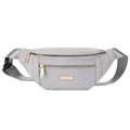 Grey multi-pocket PU sports waist bag with adjustable strap and durable zippers - Gray
