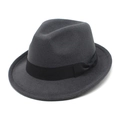 Detail of a charcoal grey fedora hat with a black satin ribbon and bow on white background - M (56-58cm) / Dark Gray