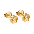 Polished 18K gold stainless steel flower stud earrings with center white zircon - Flower-A