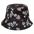 Unisex black bucket hat featuring colorful heart and floral prints for sun protection - One Size / Black