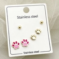 Three-pair stainless steel earring set featuring gold balls and pink paw print designs - Ball & Paw Print Set (TZ-ET0037-02)
