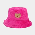 Detailed view of plush rose red bucket hat with a cute teddy bear embroidery patch - One Size / Rose Red