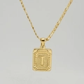 Collier chaîne Figaro en titane avec pendentif carré doré orné d'une lettre T en relief - Lettre T Dorée (Avec Chaîne)