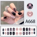 Unghie finte corte nere e rosa con motivi a cuore e a scacchi set da 24 pezzi A668 - Scacchiera Cuore Rosa Nero (A668) / Tipo di Colla