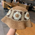 Gehäkelter Stroh Eimer Hut braune Gänseblümchen Sommer Strand Sonnenhut lässiger Fischerhut - M (56-58cm) / Khaki