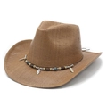 Classic western wide brim straw cowboy hat with bohemian feather pendants and beads - M (56-58cm) / Khaki