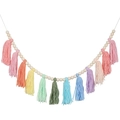 Bohemian garland featuring natural wood beads and colorful cotton tassels for wall decor - Color 1