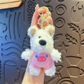 White teddy bear plush keychain wearing a pink pig outfit with a golden metal clasp - Pig