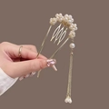 U-shaped gold hair pin with pearl clusters and elegant long tassel drops for women - Flower Cluster Tassel Hair Stick