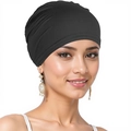 Elegant solid black turban cap for women made of soft elastic fabric on a model - One Size / Black