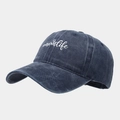 Washed navy denim baseball cap with white #momlife heart embroidery for women - Adjustable / Navy Blue