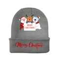Detail of grey knitted Christmas beanie with festive patterns and Merry Christmas text - Grey-Style F