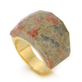 Exaggerated 18K gold plated wide ring featuring green and red unakite stone insert - US 6