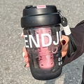 Portable matte black dual-drink plastic water bottle with pink locking clip and wrist strap - 580ml / Black