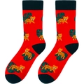 Detail view of red cotton socks with yellow leopard and palm leaf knit patterns - One Size / Red Leopard (A1830)