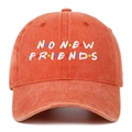 Close-up of No New Friends white embroidery on a washed orange cotton baseball cap - One Size / Orange