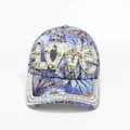 Detail of blue floral baseball cap with LOVE crystal rhinestones and pearls - Adjustable / Blue LOVE