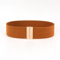 Detail of caramel brown elastic wide belt with rectangle gold buckle for dresses - Camel