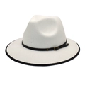 Classic white wool fedora hat with black brim binding and leather band buckle detail - M (56-58cm) / White