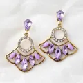 Vintage bohemian fan-shaped earrings in gold finish with purple crystals and rhinestones - Purple