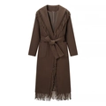 Women's long coffee brown wool coat featuring fringe trim and elegant waist belt - S / Coffee