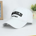 Detail of white cotton baseball cap featuring black Los Angeles letter embroidery - White