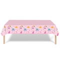 Pink cartoon dinosaur party tablecloth with colorful balloons and plant patterns - Pink Dinosaur (137x274)