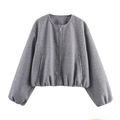 Women's minimalist grey round neck bomber jacket with metal zipper and elastic hem - XS / Gray