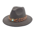 Detail of wool fedora hat with braided leather band and turquoise stone accent - M (56-58cm) / Dark Gray