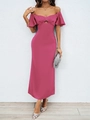 Fuchsia satijnen maxi-jurk met off-shoulder hartvormige hals en ruffelmouwen - S / Roze