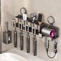 Wall-mounted gunmetal grey suction bathroom organizer with hair dryer and toothbrush holder - 4-Person + Toothpaste Dispenser