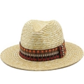 Classic straw cowboy hat with ethnic geometric ribbon band for summer beach sun protection - M (56-58cm) / Khaki