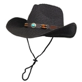 Detail of black straw cowboy hat with ethnic leather band and turquoise bead decor - M (56-58cm) / Black