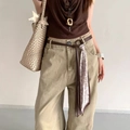 Close-up of khaki wide-leg trousers with brown slim belt and patterned silk scarf detail - Style 3 - Coffee Brown Waist Chain