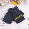 Mitaines tricotées bleu marine à rabat avec côtes jaunes et bouton pour enfants en hiver - Taille unique / Vert Foncé