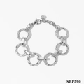 Silver stainless steel chain bracelet with textured rings and lobster clasp closure - Silver Circle Link Bracelet (SBP590)